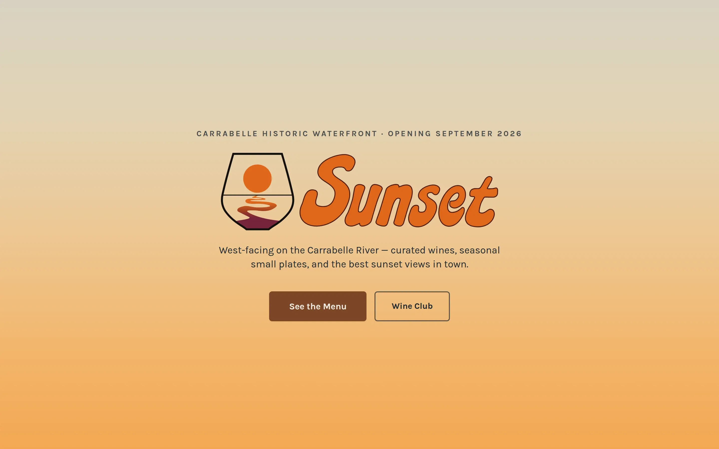 Sunset Wine and Tapas home page: the Sunset wordmark on an amber gradient, with See the Menu and Wine Club buttons.