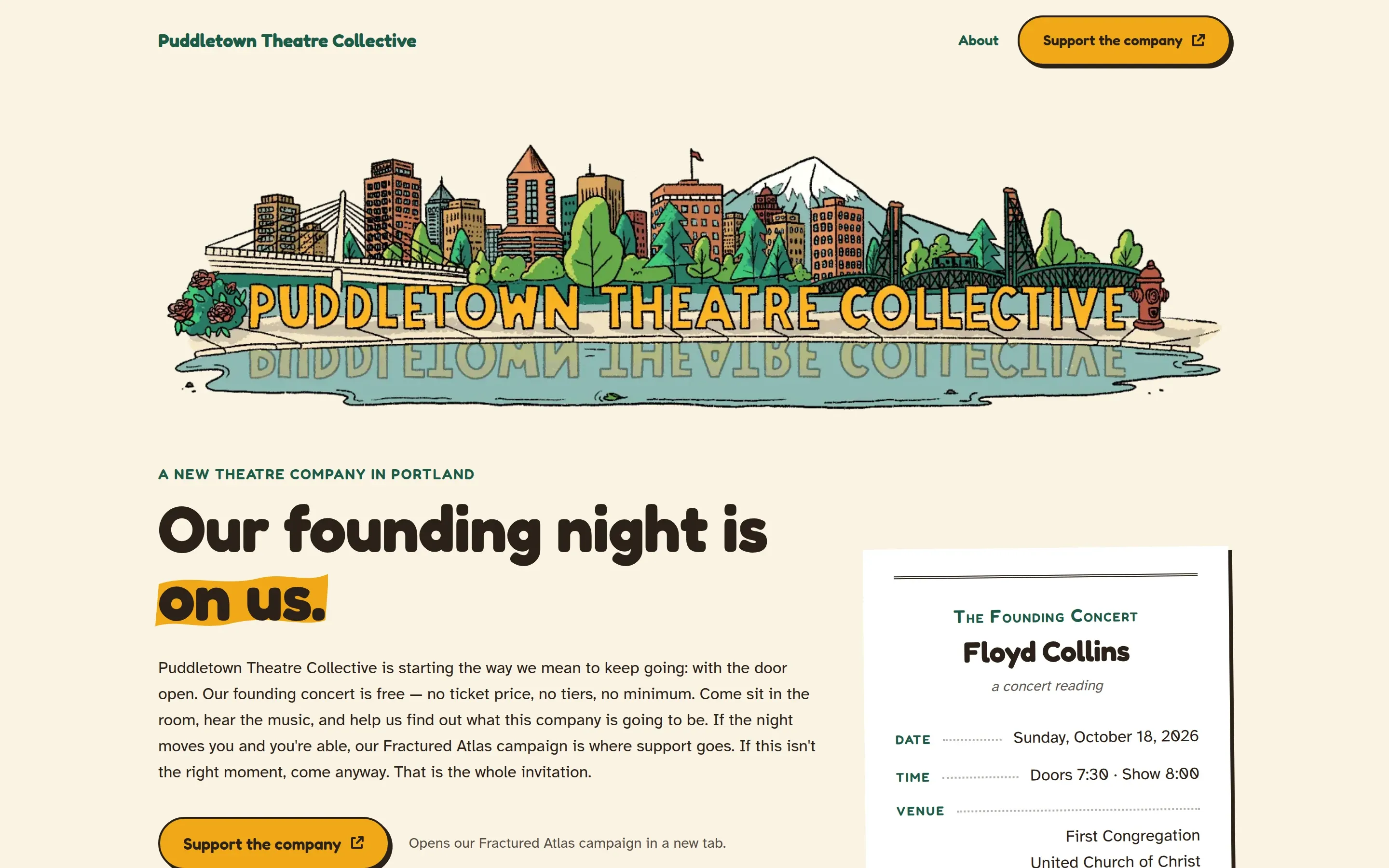 Puddletown Theatre Collective home page: an illustrated Portland skyline over the company name, reflected in a puddle.