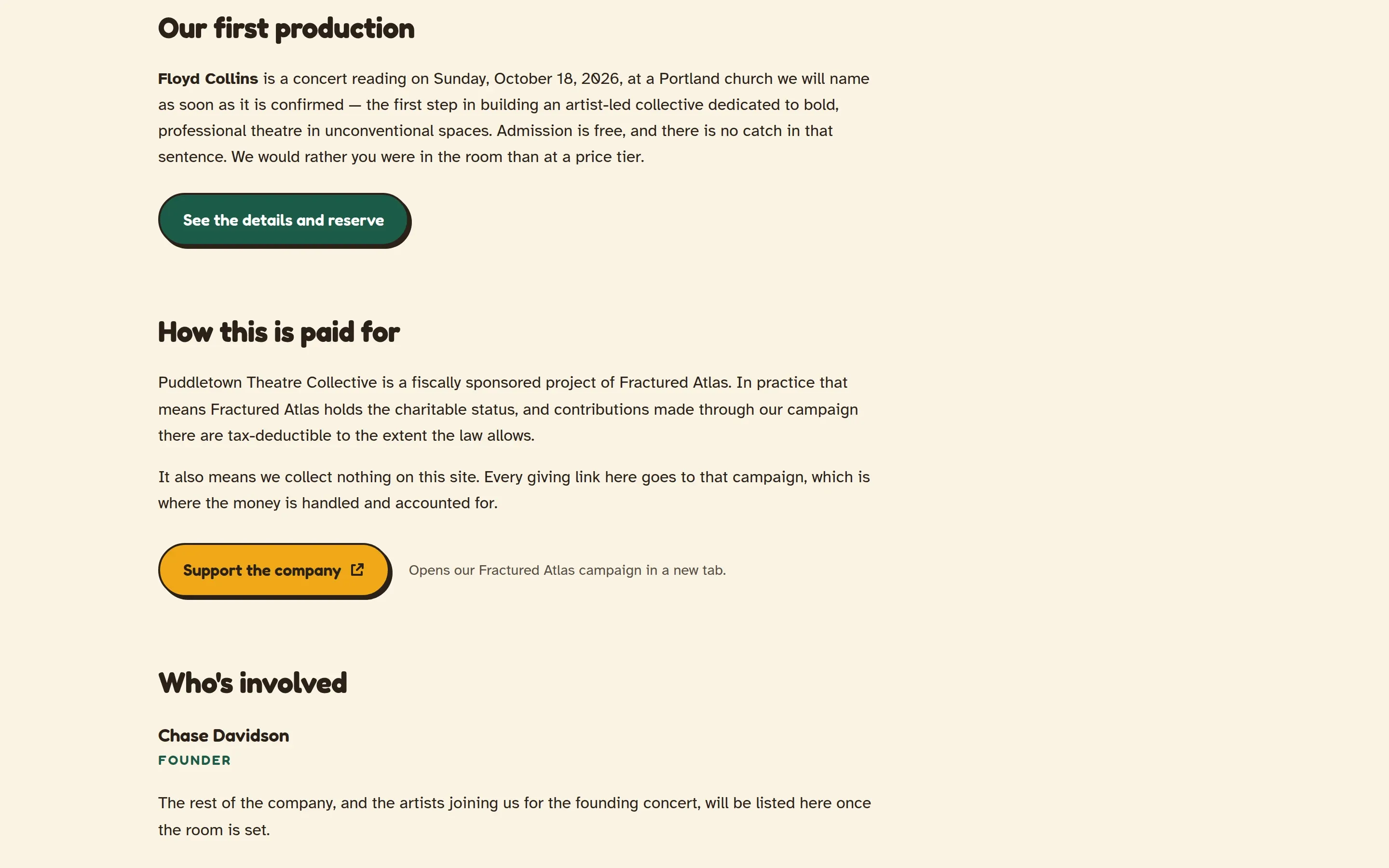 About page section How this is paid for, explaining Fractured Atlas fiscal sponsorship, with a Support the company button.