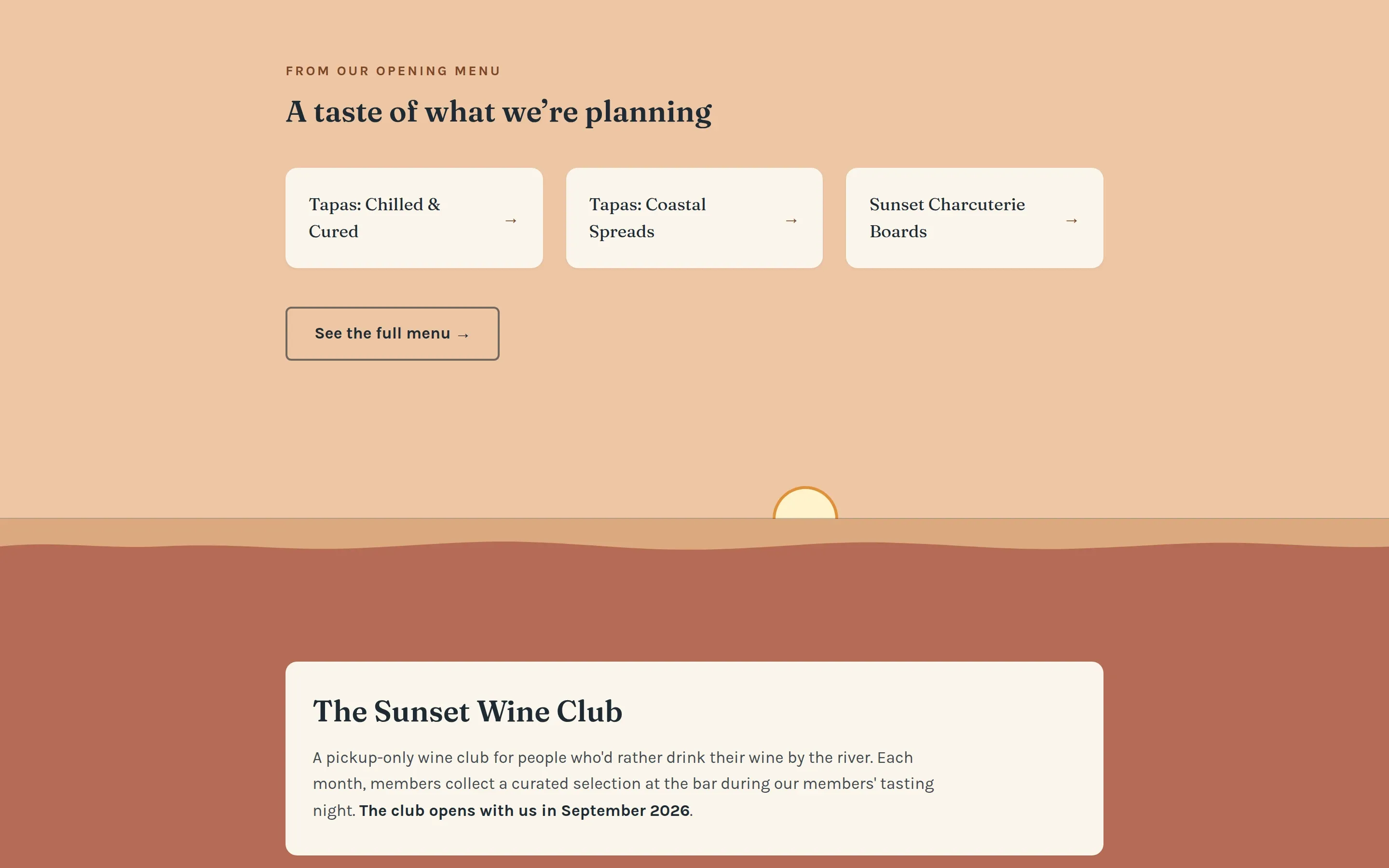 Opening menu preview with three menu category cards, above the Sunset Wine Club introduction.