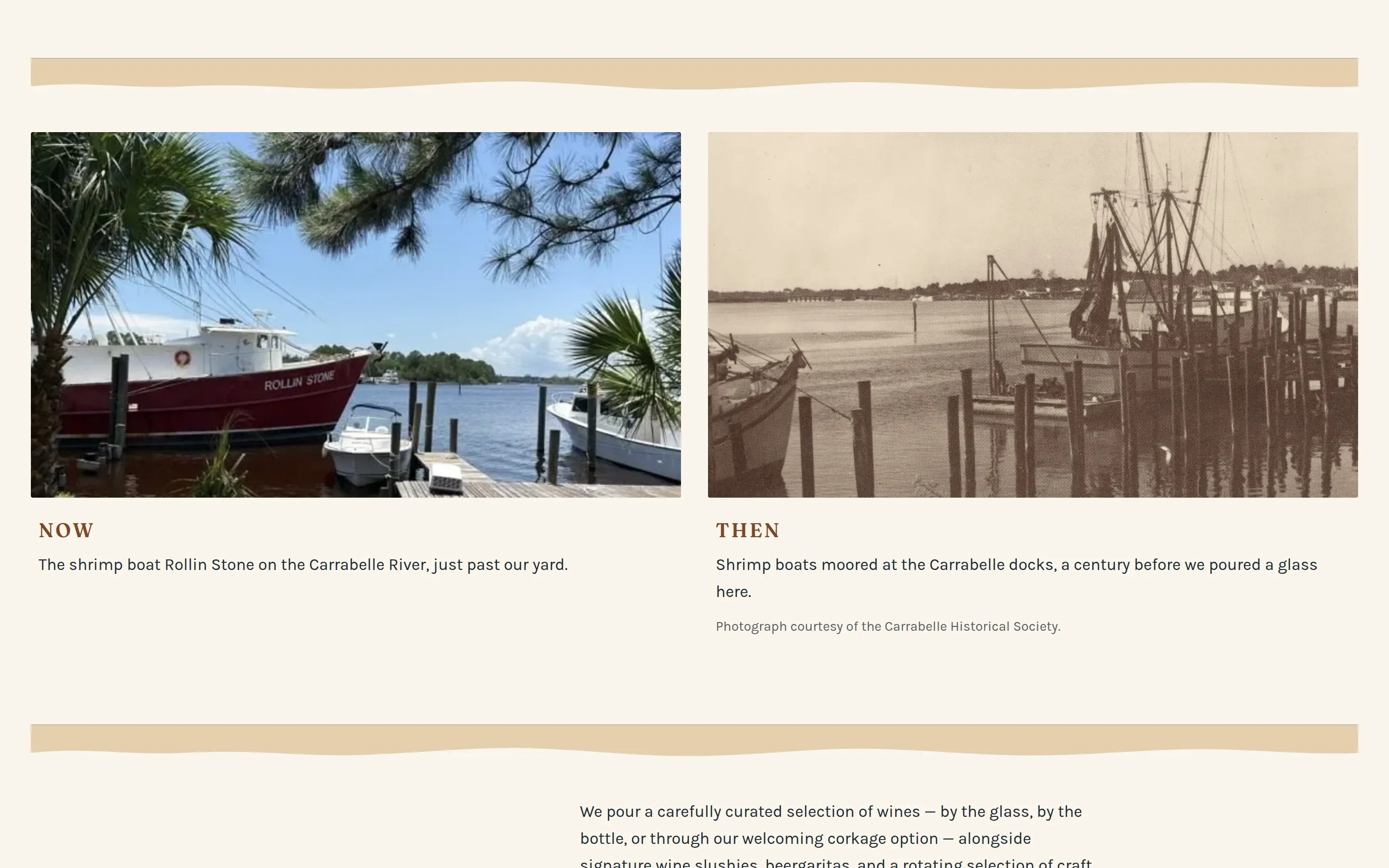 Now and Then section: a current photo of the shrimp boat Rollin Stone beside an archival photo of the Carrabelle docks.